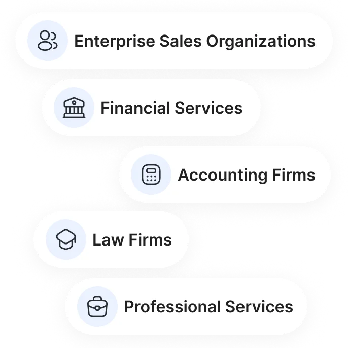 Industries: Enterprise Sales Organizations, Financial Services, Accounting Firms, Law Firms, Professional Services