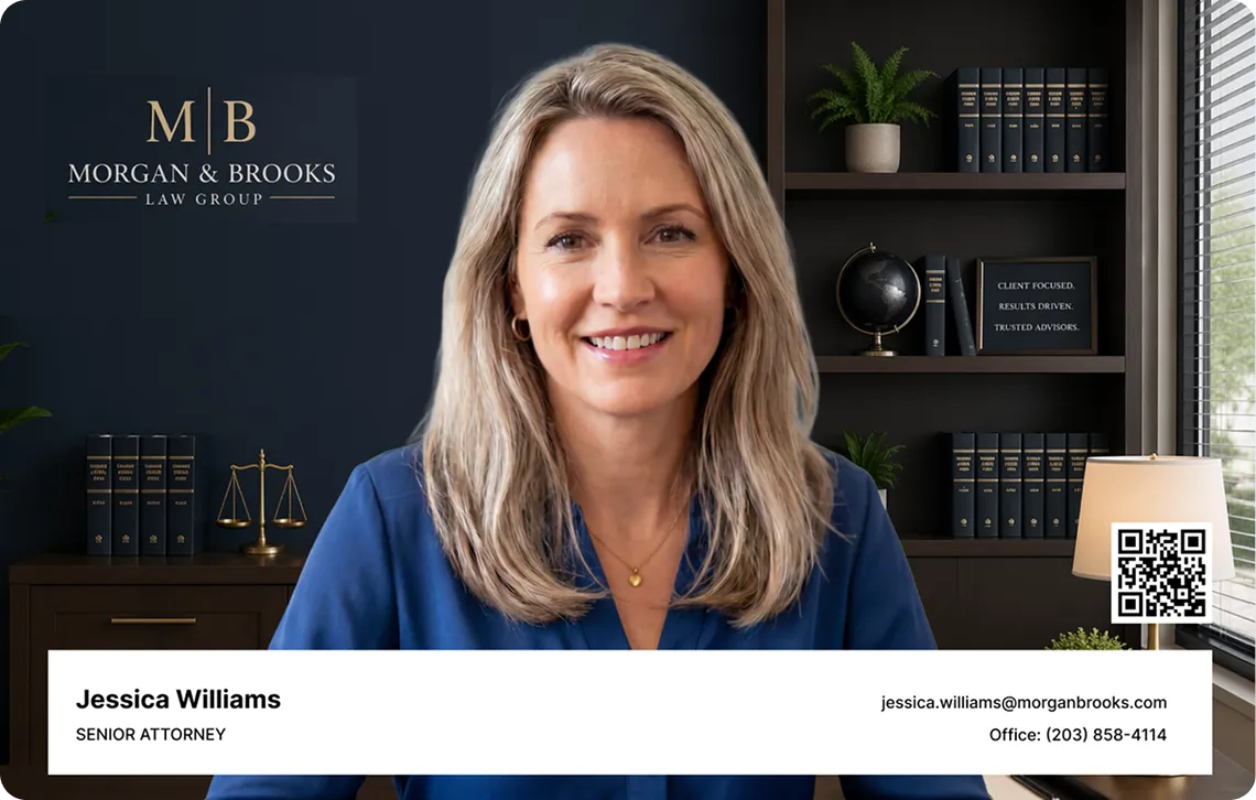 An attorney on a video call with a LookSuite branded background and name banner